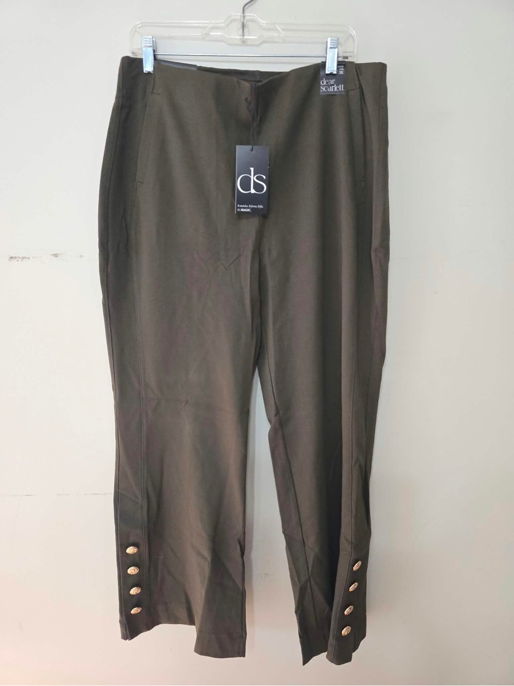 Dear Scarlett Magic Gala Pants 2X Olive Green Gold Button Ankle NWT